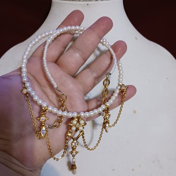 Handmade Vintage Faux Pearl Choker Necklace Gold Dangle Rhinestone Adjustable - Picture 5 of 10